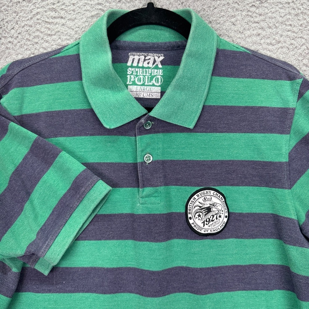 British Rugby Champions Polo Shirt‎ Mens L Green Navy Striped Preppy Retro